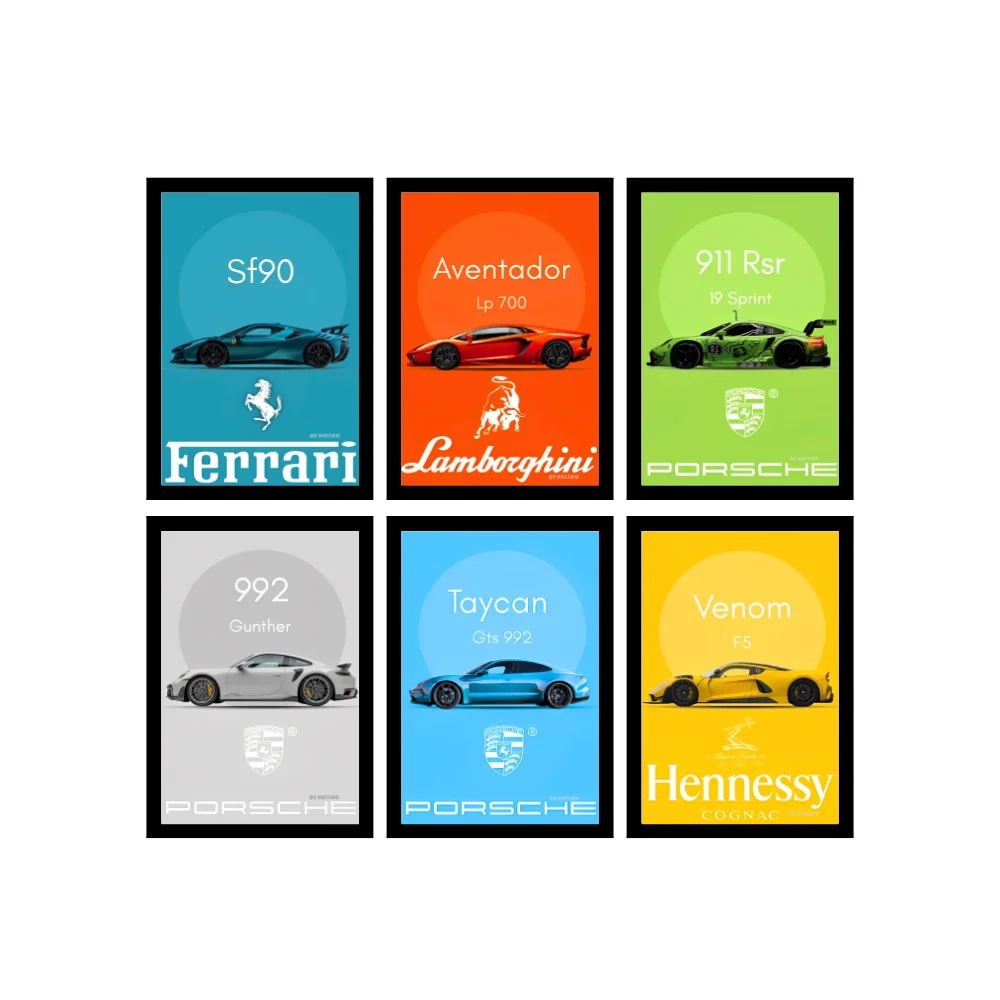 Djane Studio Supercars Wall Frame Set | Premium Wall Art for Living Room, Bedroom, Office & Gaming Room | Modern Home Décor | Pack of 6 | Size 12x8 Inch